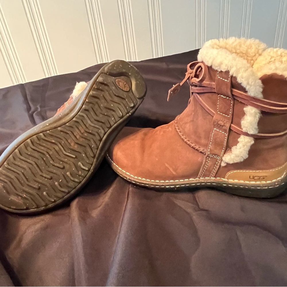 UGG Brown Ankle Boots with Cream Fur Trim